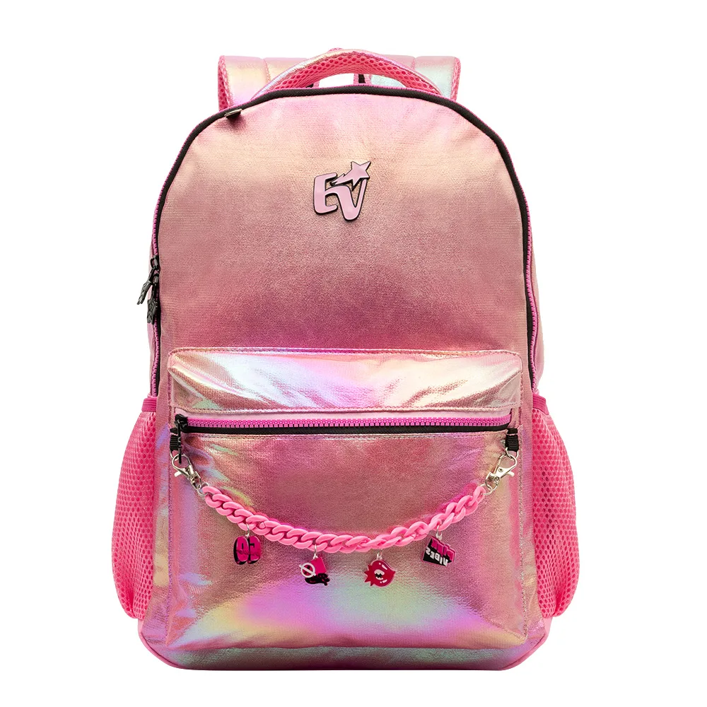 Mochila escolar 17 EV Tween em nylon metalizado com corrente de charms