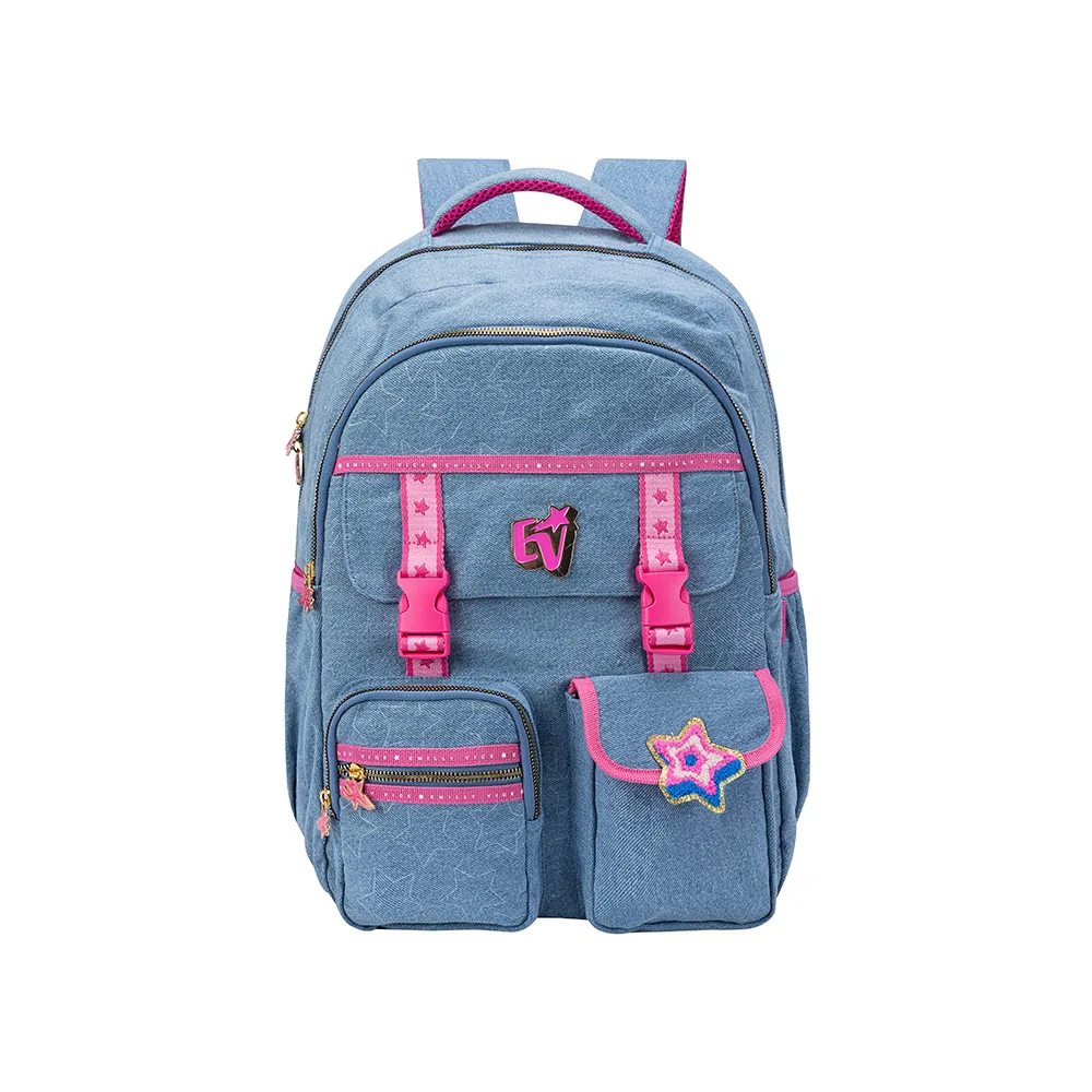 Mochila escolar juvenil EV em jeans com detalhes rosa e bolsos com fivela