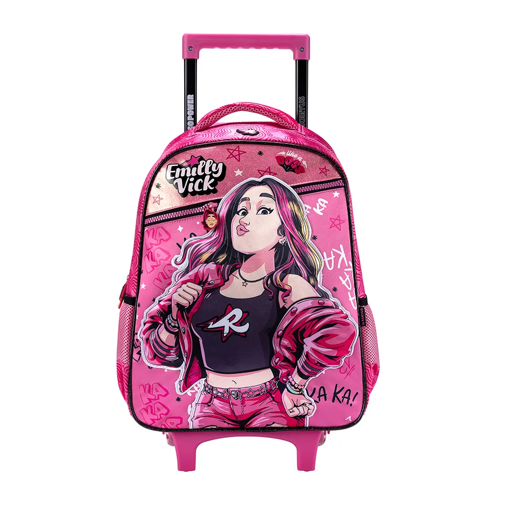 Mochila com Rodinhas Escolar Infantil Grande Rosa Emilly Vick