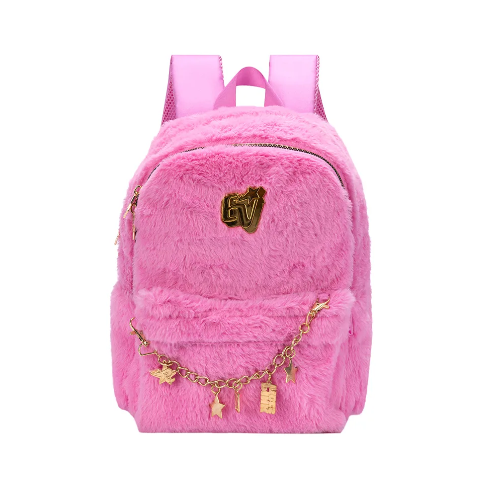 Mini Mochila Pelúcia Rosa com Charms Dourados Emilly Vick